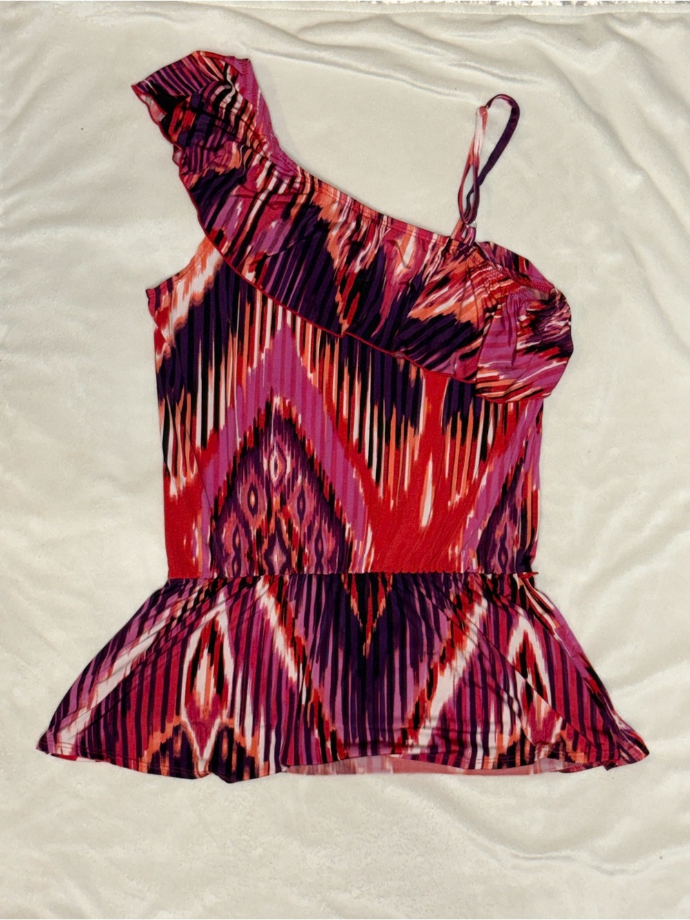 BCX One-Shoulder Ruffled Peplum Top in Red and Purple